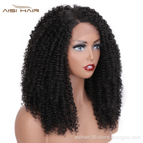 Aisi Hair Cheap Wholesale Shoulder Length Fluffy Black Kinky Curly Side Part Synthetic Hair For Black Women Lace Front Wig